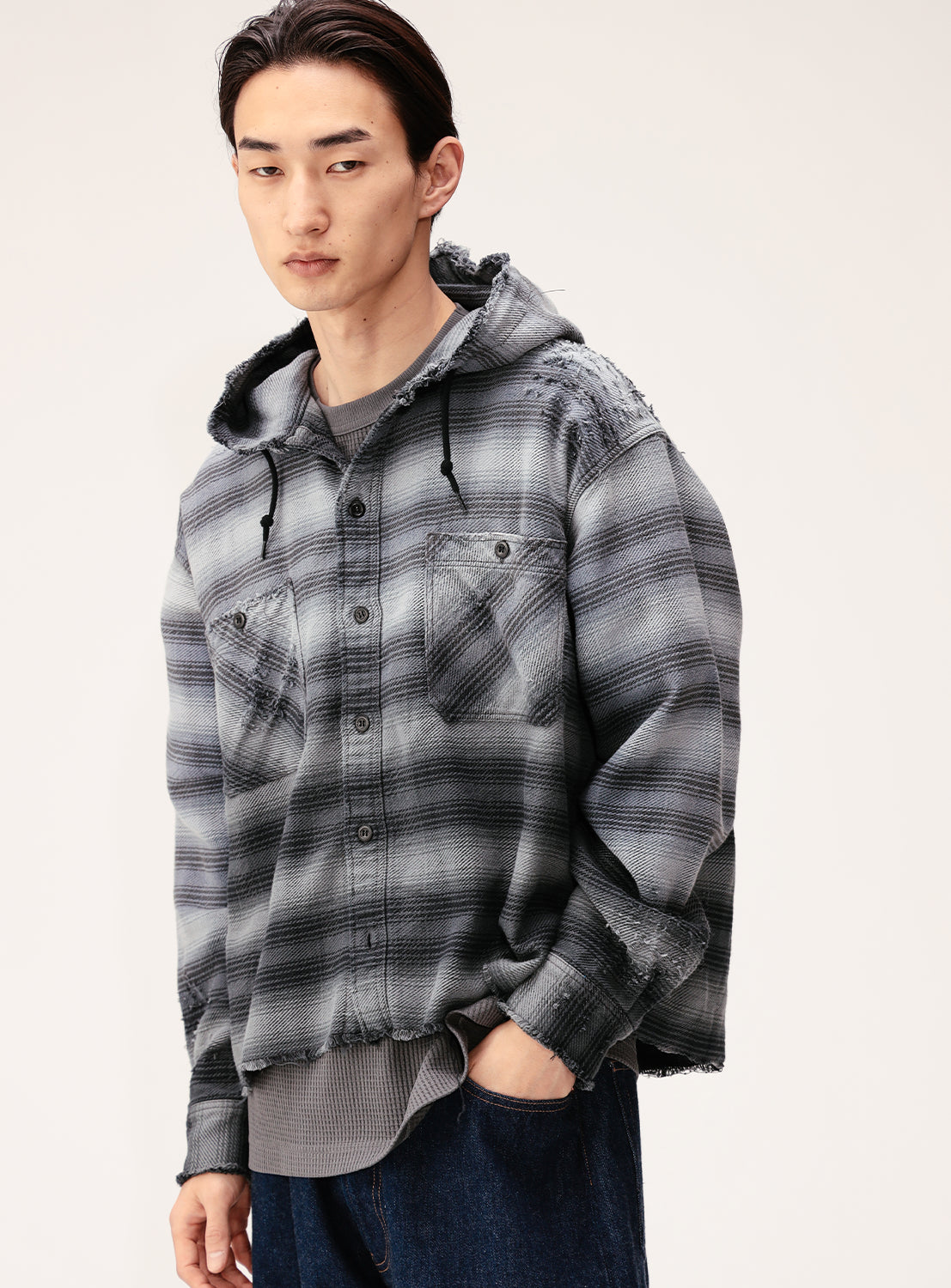 BEAMS_WideShortFitDistressedHoodedPlaidWorkShirt